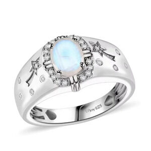 Moon Glow Moonstone and White Zircon Celestial Ring in Rhodium Over 925